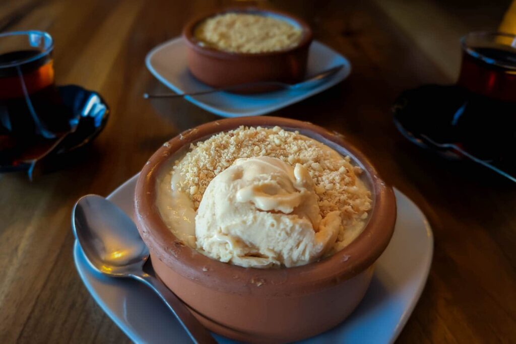 Turkish rice pudding with hazelnuts and fresh ice cream