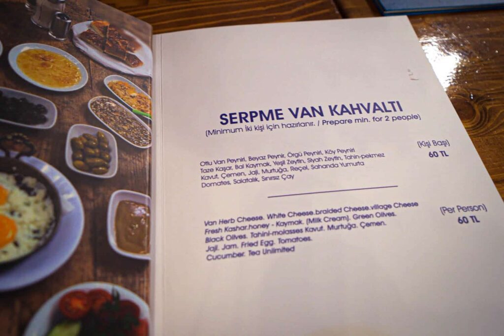 Serpme Van Kahvalti menu list of traditional Turkish breakfast items