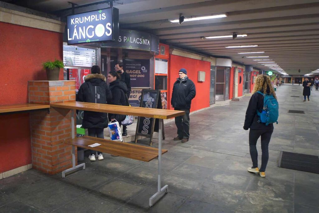 Front of Krumplis Langos and bar for standing to eat