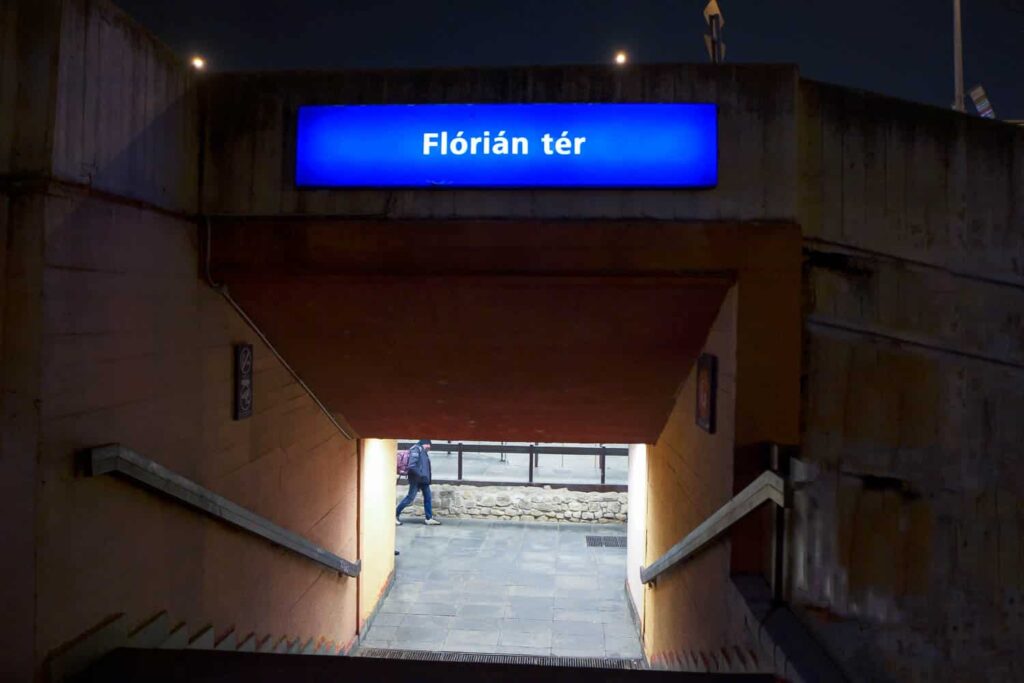 Florian ter station stairs leading into underpass with best langos in Budapest