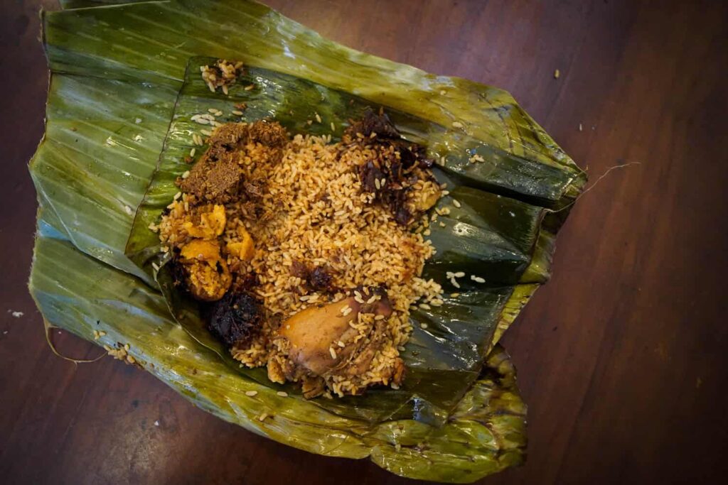 Lamprais Sri Lankan food rice and chicken on banana leaf