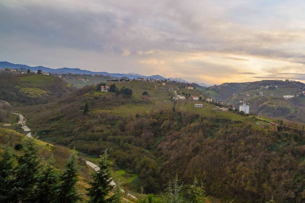 Rolling green hills at sunset in Akçaabat, Türkiye, home of the best Turkish meatball.